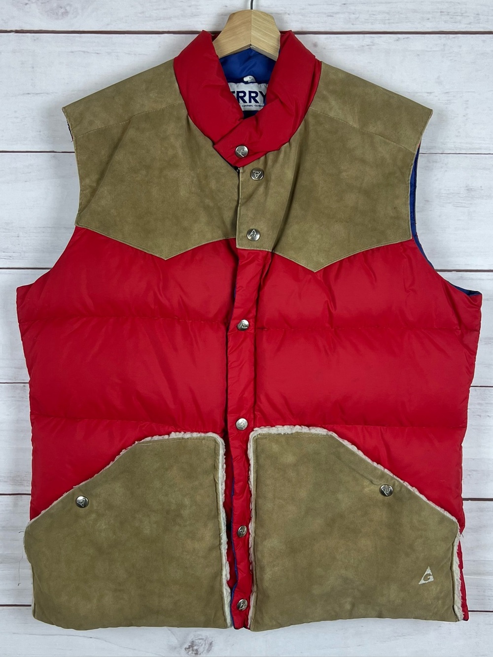 Vintage 1970s Gerry Western Puffer Snap Vest Cowboy Men's Large Red Tan Ski